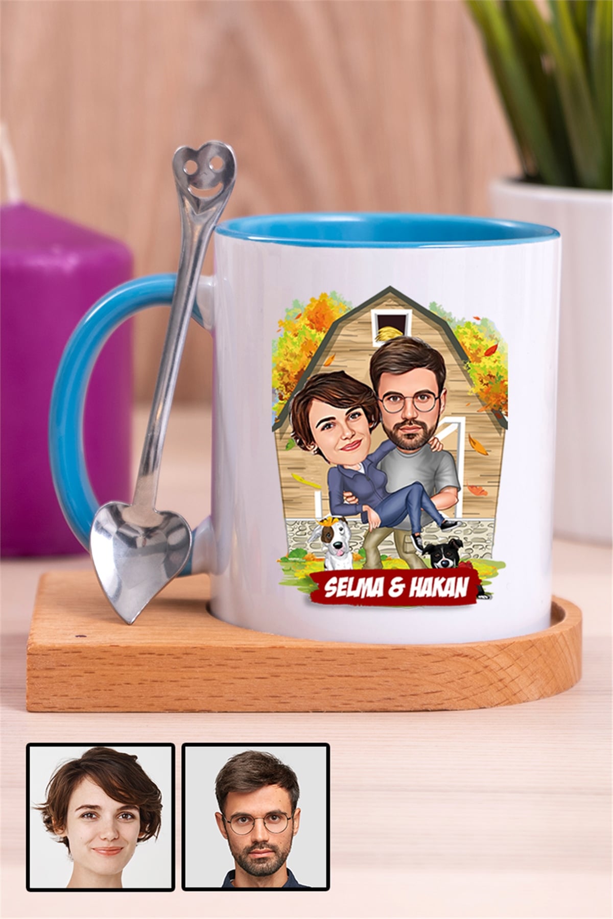 Sevgiliye Özel Hediye Ev Temalı Karikatürlü Ahşap Altlıklı İçi Renkli Kupa Bardak