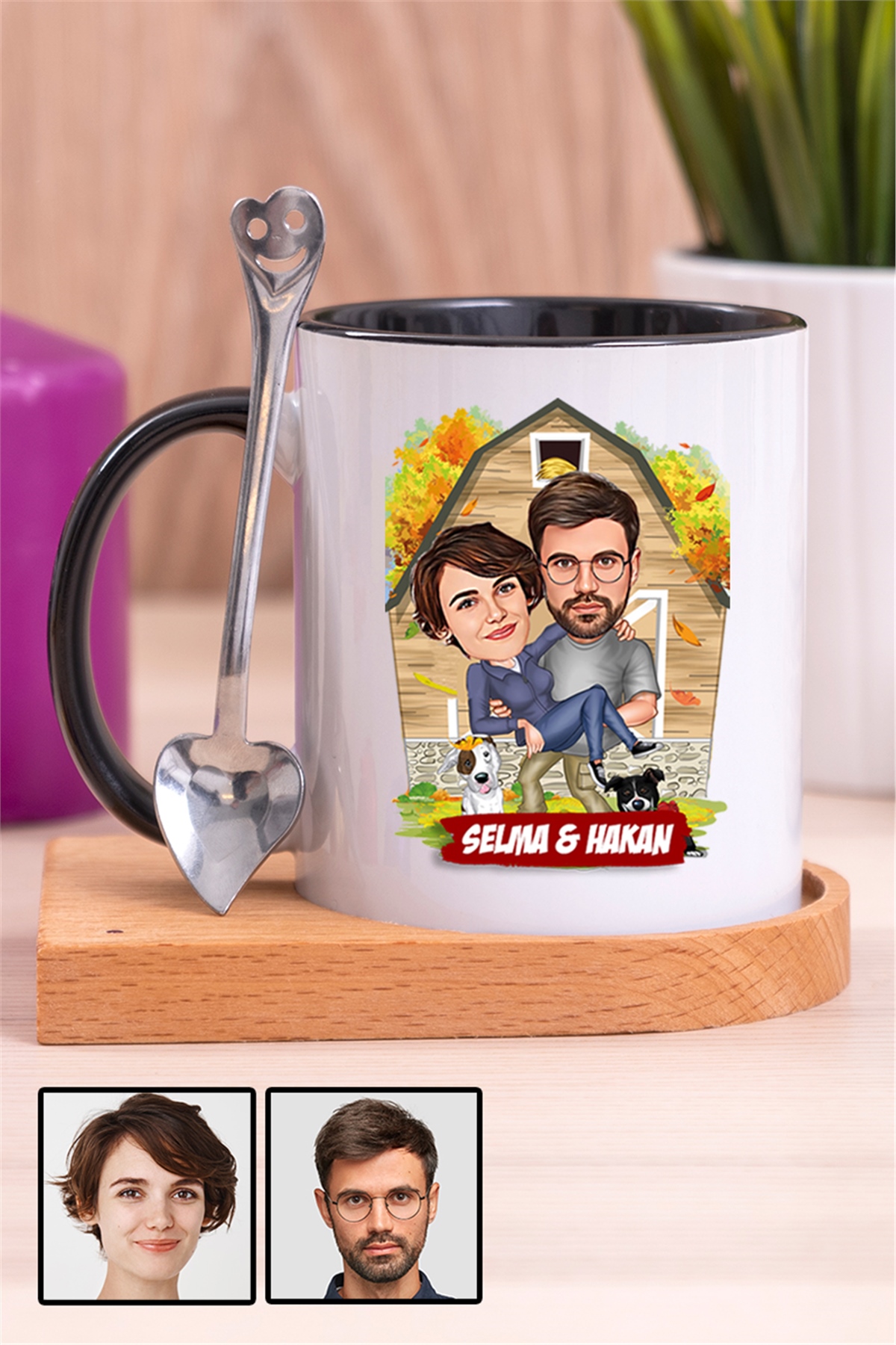 Sevgiliye Özel Hediye Ev Temalı Karikatürlü Ahşap Altlıklı İçi Renkli Kupa Bardak