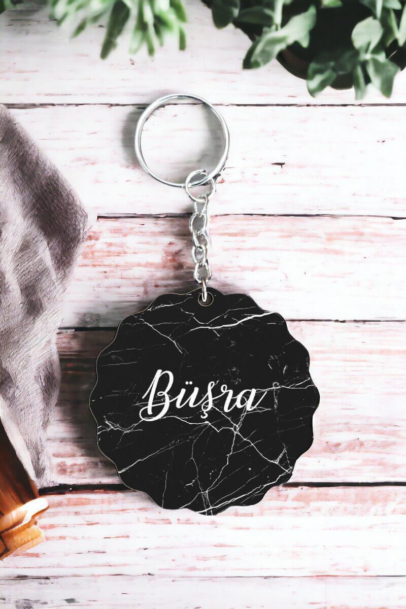 Siyah Mermer Tasarım Arkaplanlı İsme Özel Anahtarlık