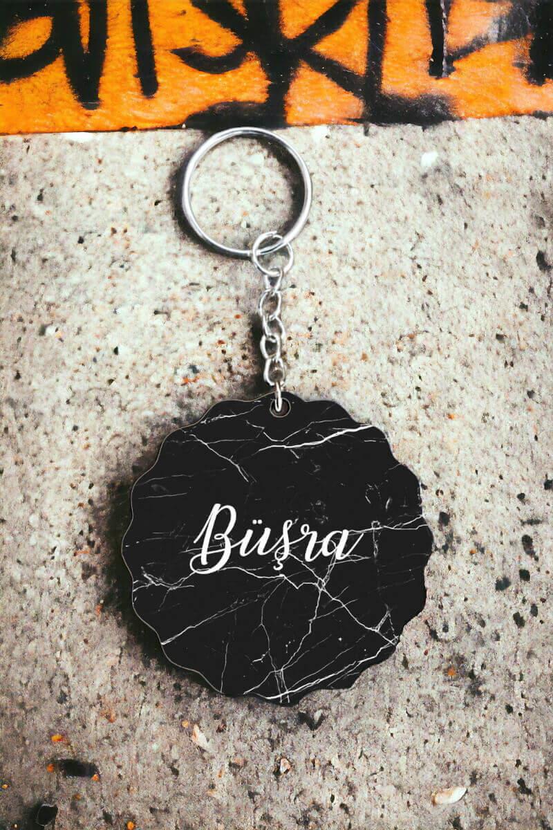 Siyah Mermer Tasarım Arkaplanlı İsme Özel Anahtarlık