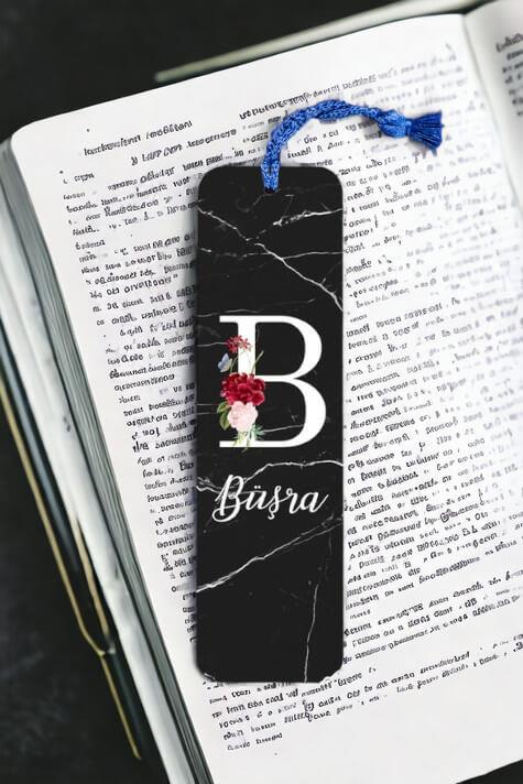 Siyah Mermer Tasarım Baş Harfli Metal Kitap Ayracı