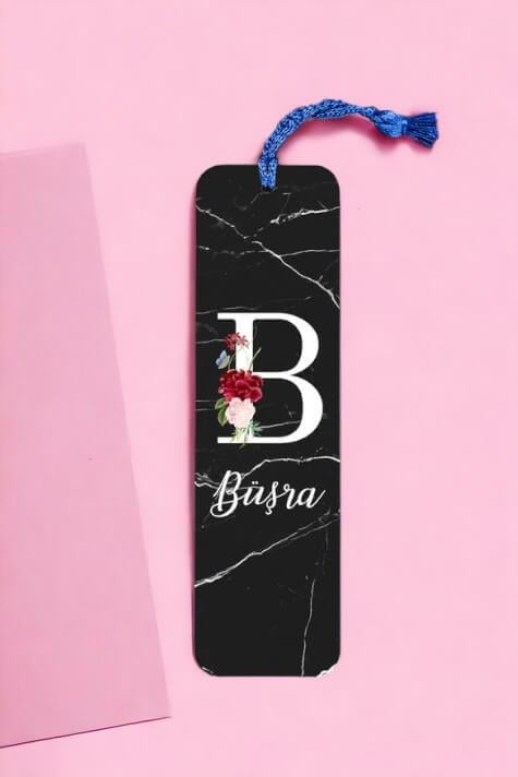 Siyah Mermer Tasarım Baş Harfli Metal Kitap Ayracı