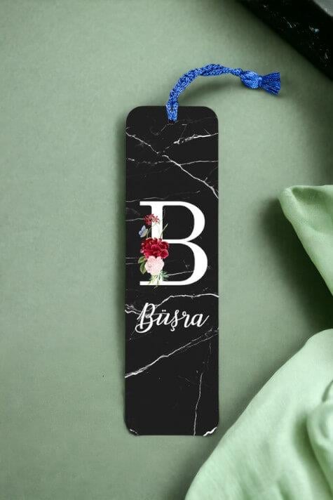 Siyah Mermer Tasarım Baş Harfli Metal Kitap Ayracı