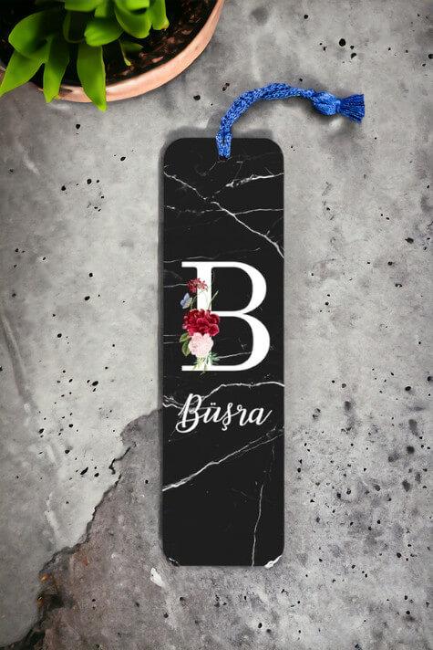 Siyah Mermer Tasarım Baş Harfli Metal Kitap Ayracı