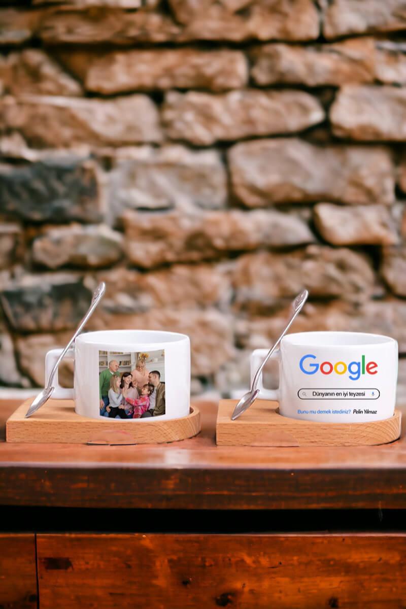 Teyzeye Hediye Google Tasarım Fotoğraflı Ahşap Altlıklı Fincan