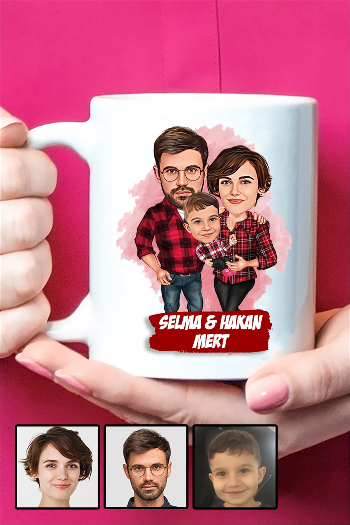 Üç Kişilik Aileye İlginç Hediye Karikatürlü Beyaz Kupa Bardak