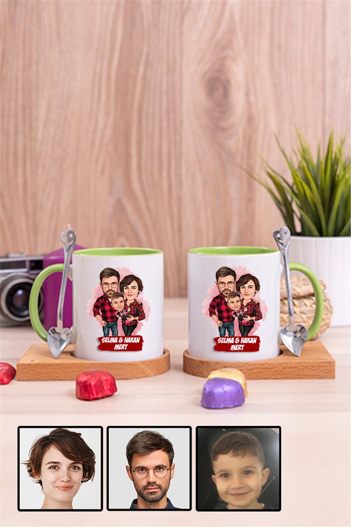 Üç Kişilik Aileye İlginç Hediye Karikatürlü İkili Ahşap Altlıklı İçi Renkli Kupa Bardak