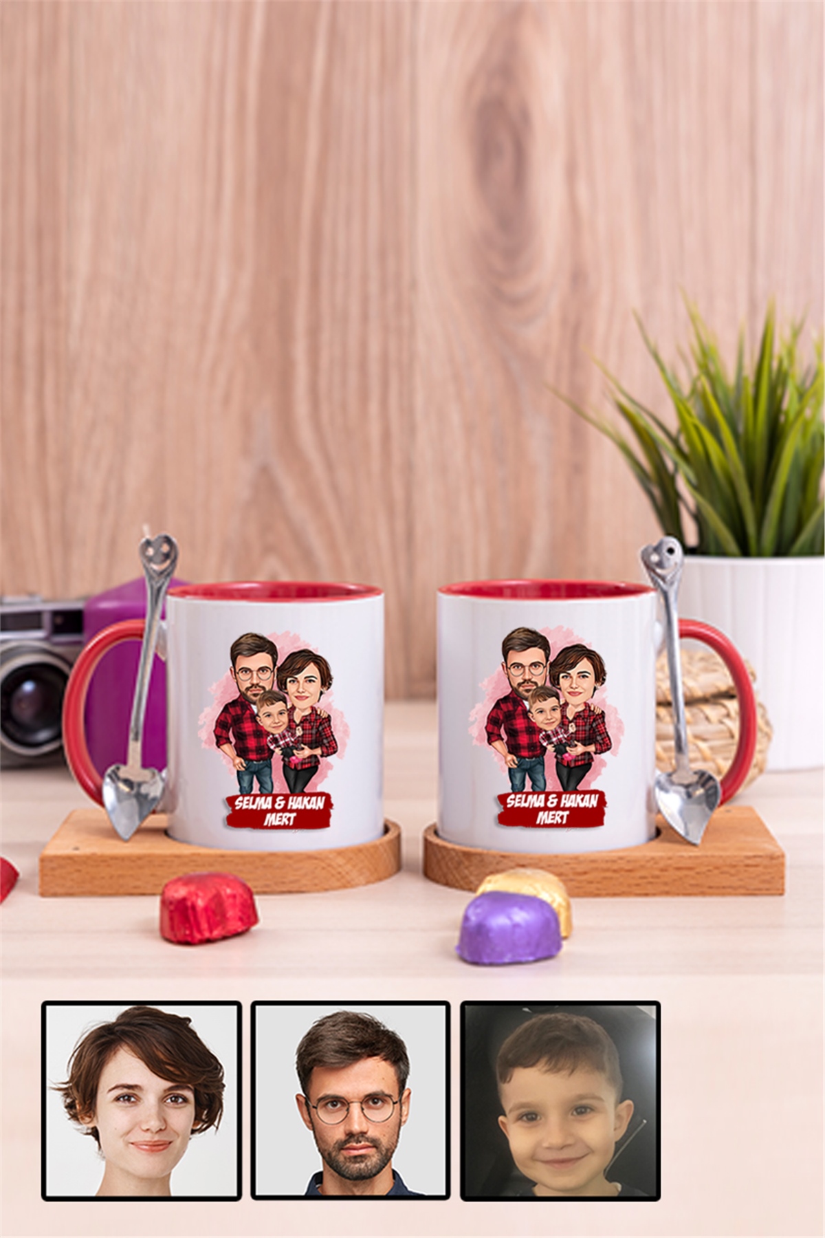 Üç Kişilik Aileye İlginç Hediye Karikatürlü İkili Ahşap Altlıklı İçi Renkli Kupa Bardak