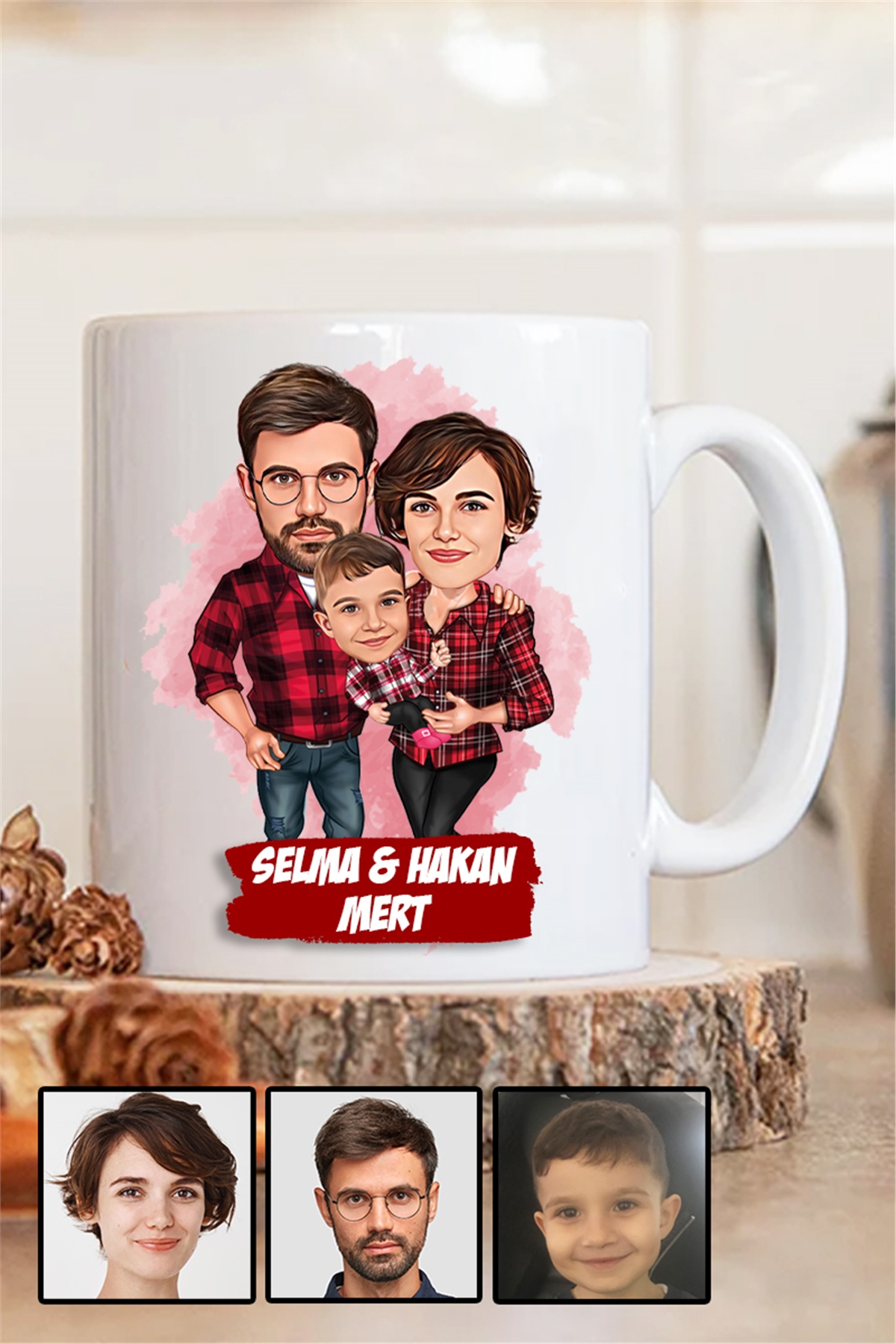 Üç Kişilik Aileye İlginç Hediye Karikatürlü Beyaz Kupa Bardak