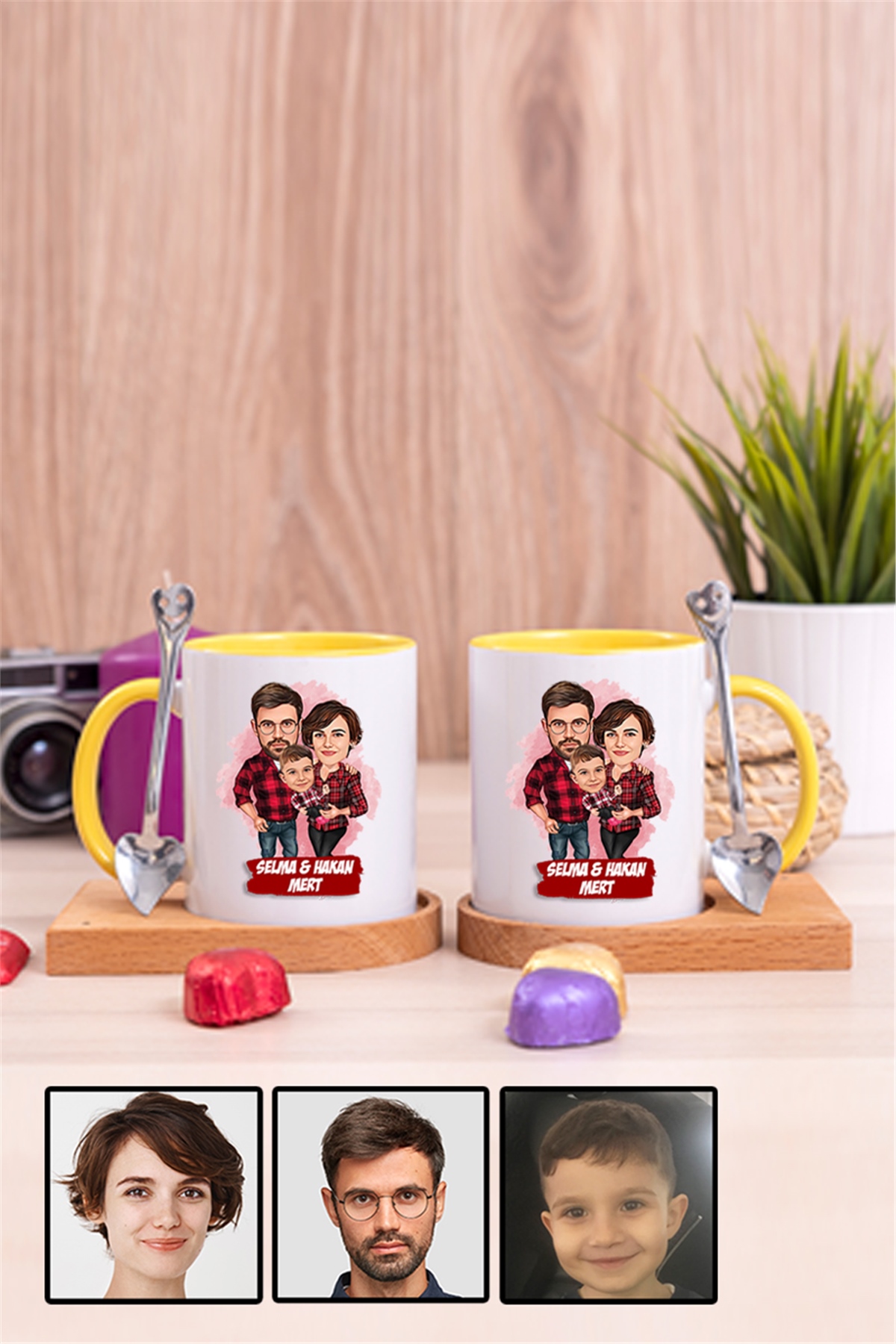 Üç Kişilik Aileye İlginç Hediye Karikatürlü İkili Ahşap Altlıklı İçi Renkli Kupa Bardak