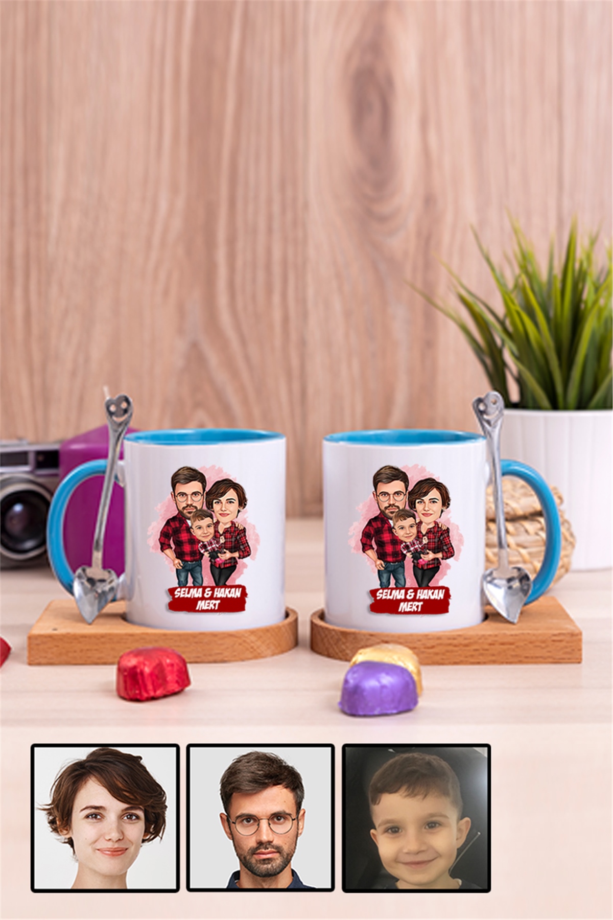 Üç Kişilik Aileye İlginç Hediye Karikatürlü İkili Ahşap Altlıklı İçi Renkli Kupa Bardak