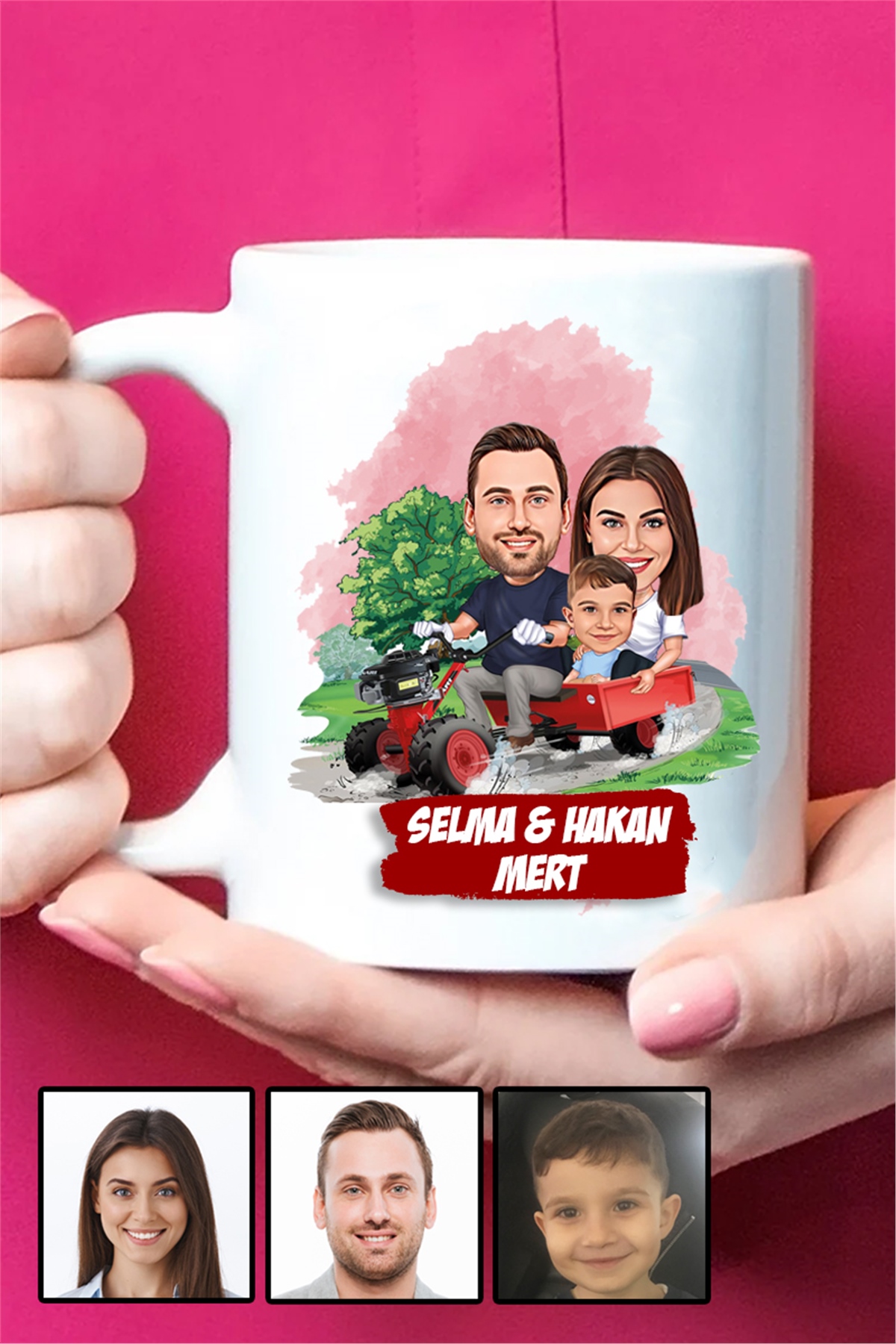 Üç Kişilik Aileye Özel Karikatürlü Beyaz Kupa Bardak