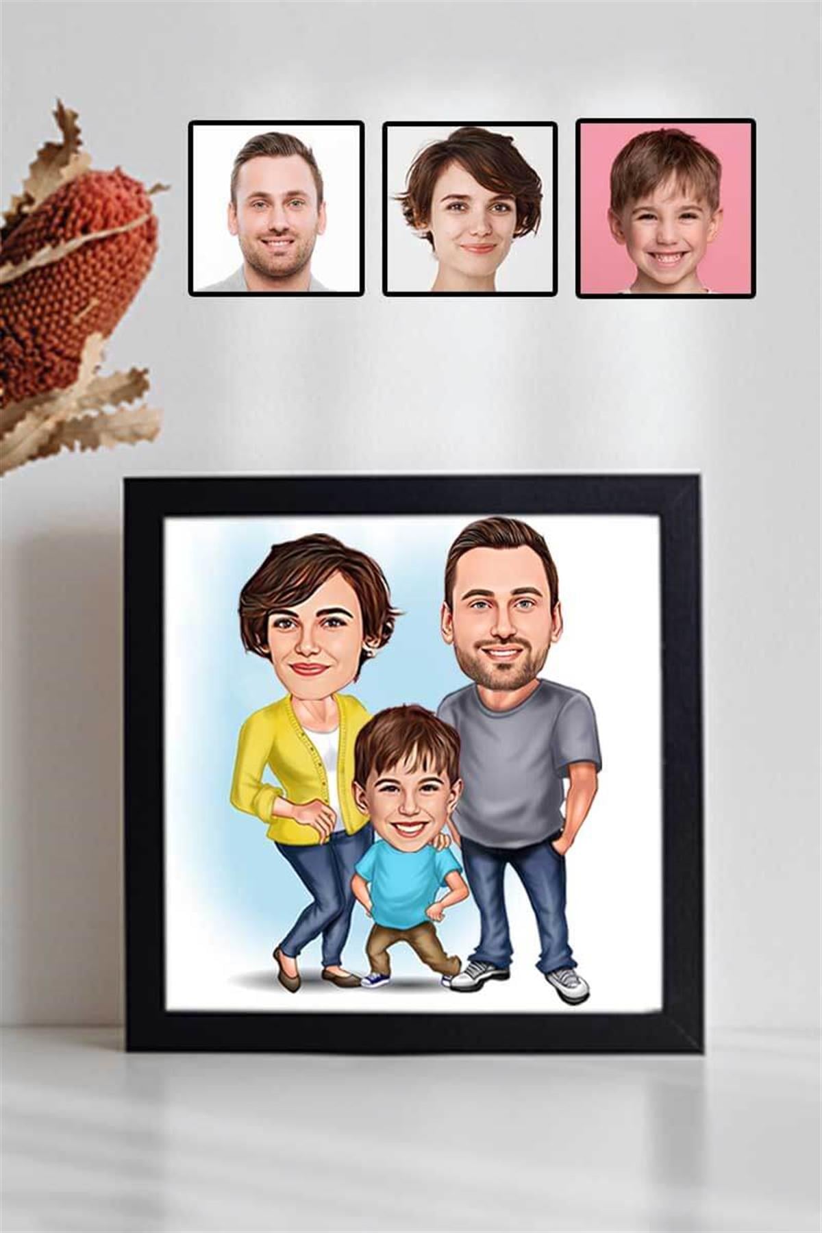 Üç Kişilik Aileye Özel Karikatürlü Kare Çerçeve