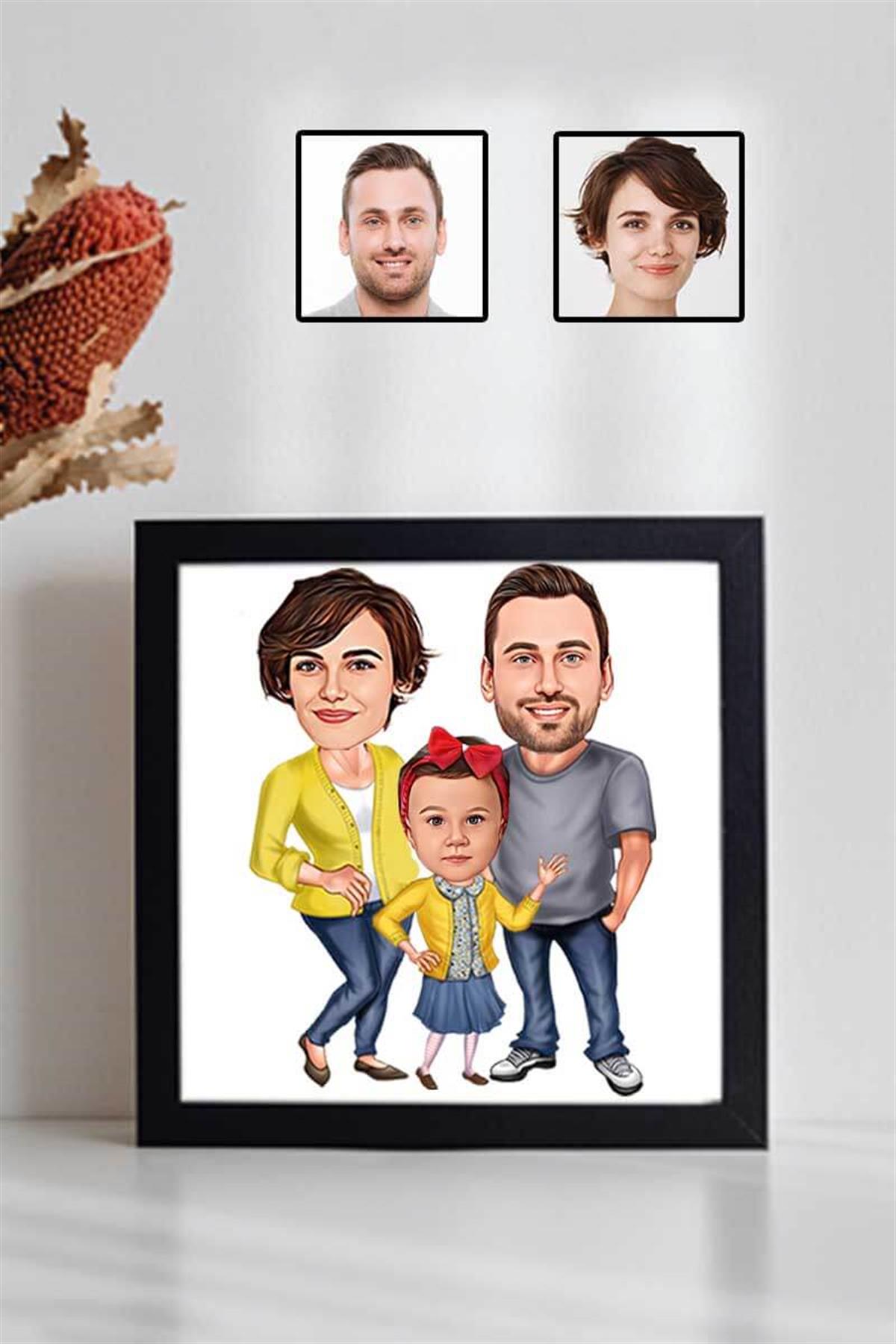 Üç Kişilik Aileye Özel Karikatürlü Kare Çerçeve
