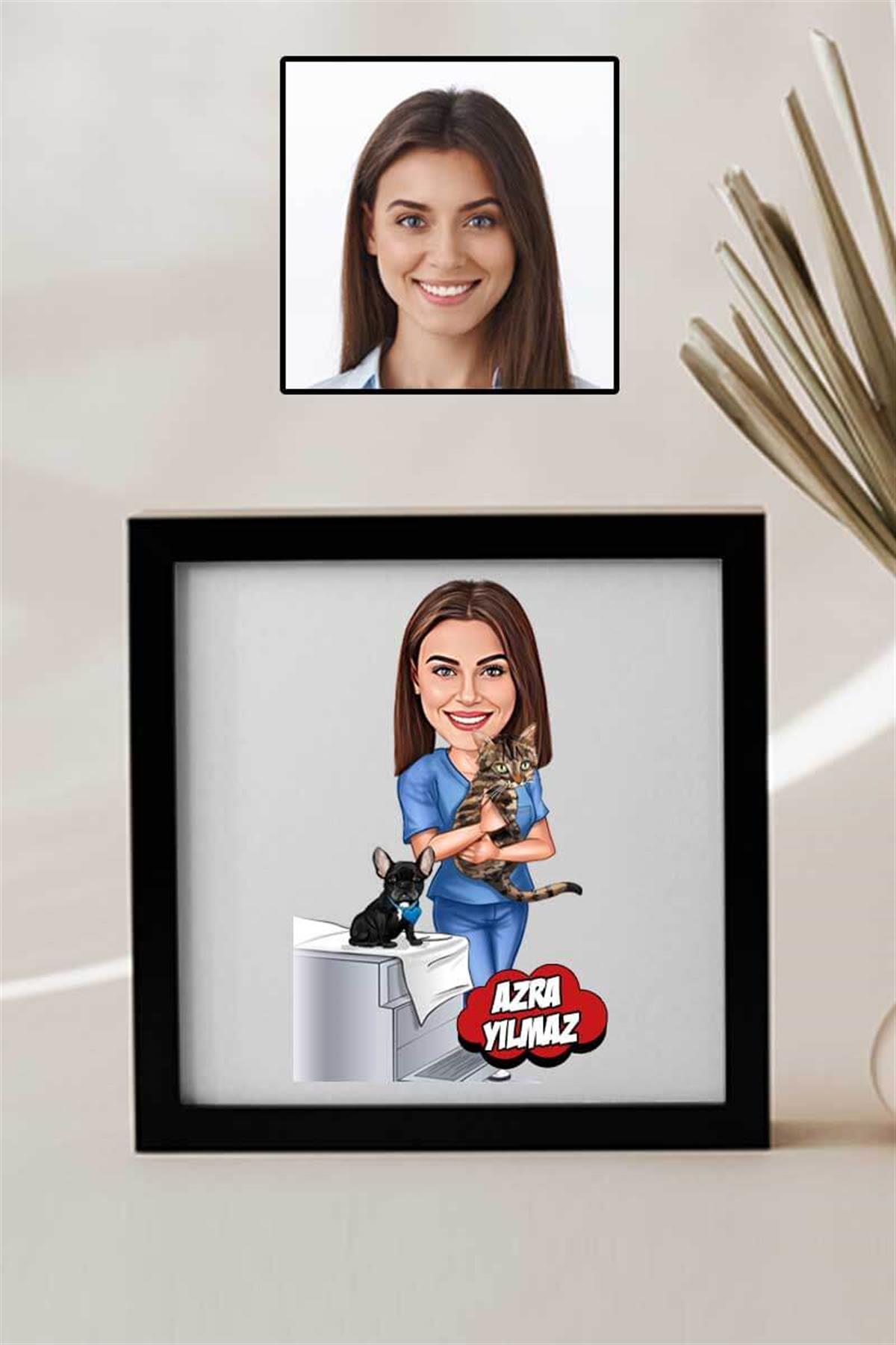 Veteriner Arkadaşa Hediye Karikatürlü Kare Çerçeve