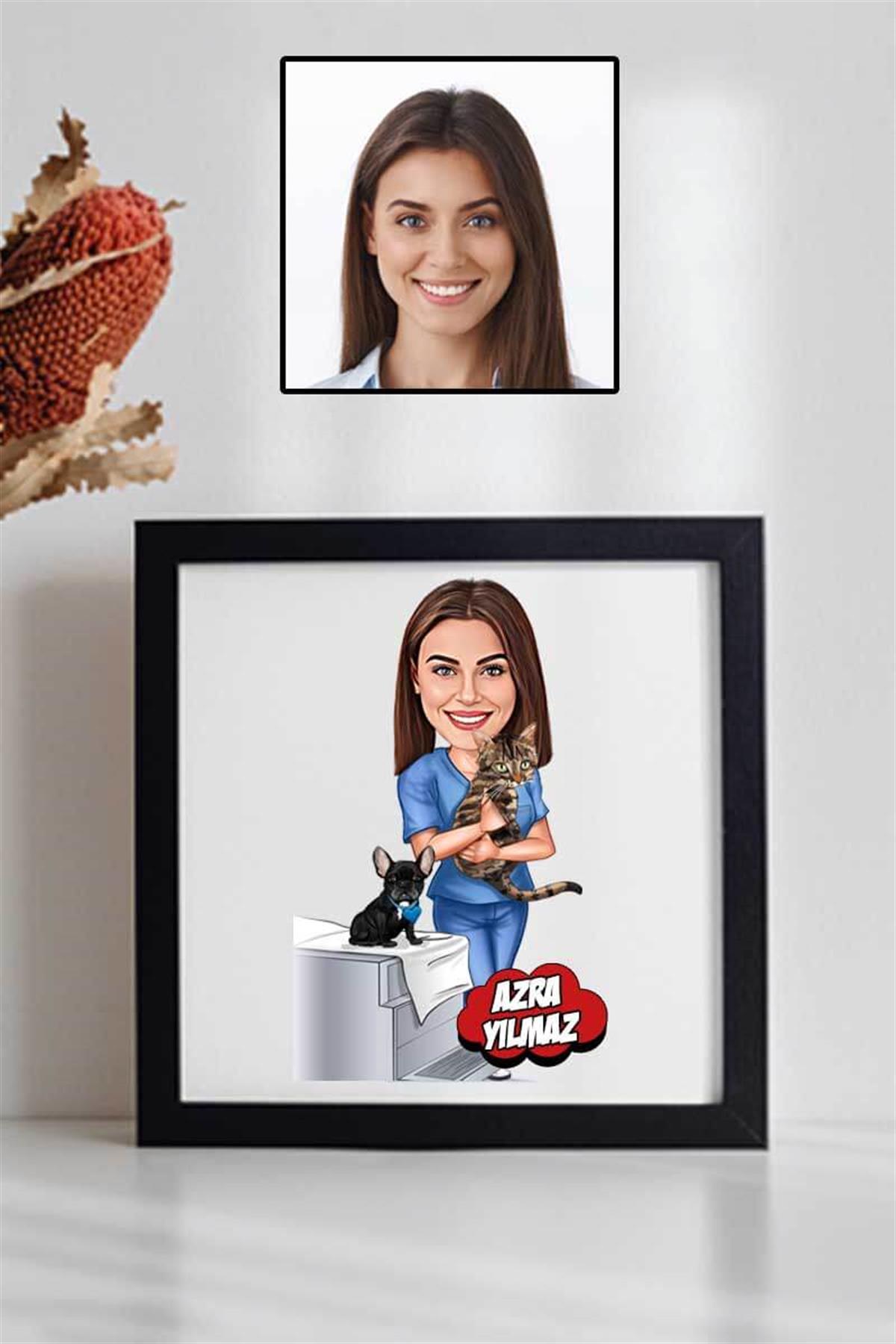 Veteriner Arkadaşa Hediye Karikatürlü Kare Çerçeve