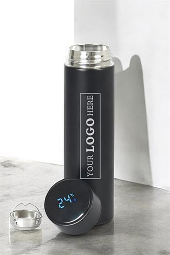 500ml Logo Baskılı Dijital Sıcaklık Göstergeli Süzgeçli Promosyon Siyah Termos