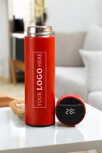 500ml Logo Baskılı Dijital Sıcaklık Göstergeli Süzgeçli Promosyon Kırmızı Termos