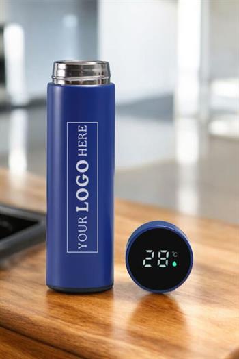 500ml Logo Baskılı Dijital Sıcaklık Göstergeli Süzgeçli Promosyon Lacivert Termos