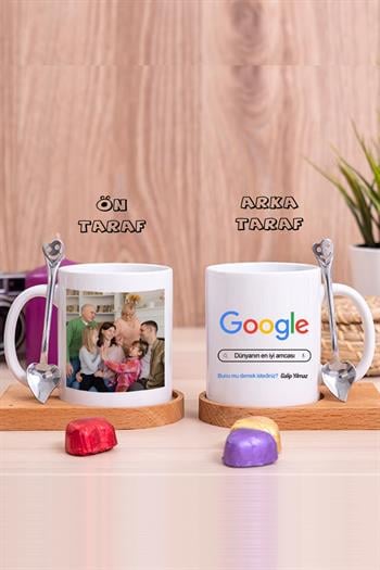 Amcaya Hediye Google Tasarım Ahşap Altlıklı Beyaz Kupa Bardak