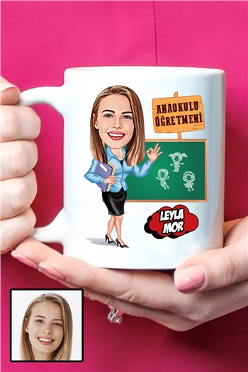 Anaokulu Öğretmenine Hediye Karikatürlü Beyaz Kupa Bardak