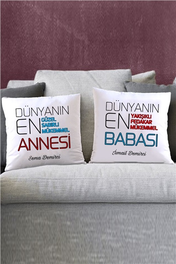 Anne Babaya Ortak Hediye İkili Saten Kare Yastık