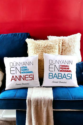 Anne Babaya Ortak Hediye İkili Saten Kare Yastık