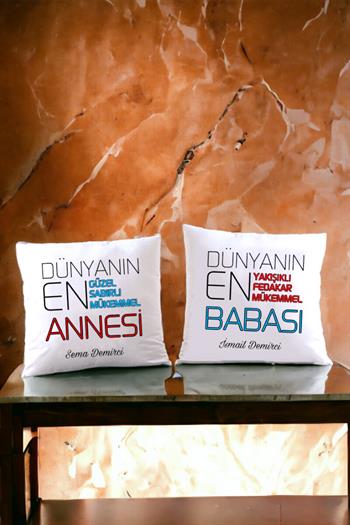 Anne Babaya Ortak Hediye İkili Saten Kare Yastık