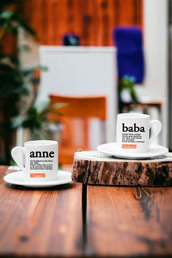 Anne ve Babaya Hediye Kelime Anlamı İkili Beyaz Türk Kahvesi Fincanı