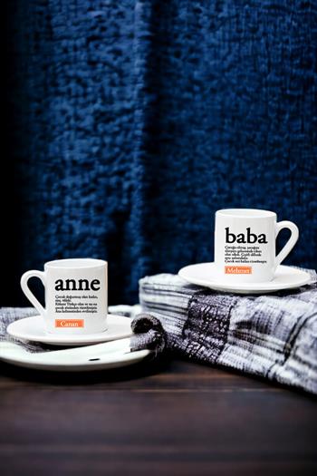 Anne ve Babaya Hediye Kelime Anlamı İkili Beyaz Türk Kahvesi Fincanı