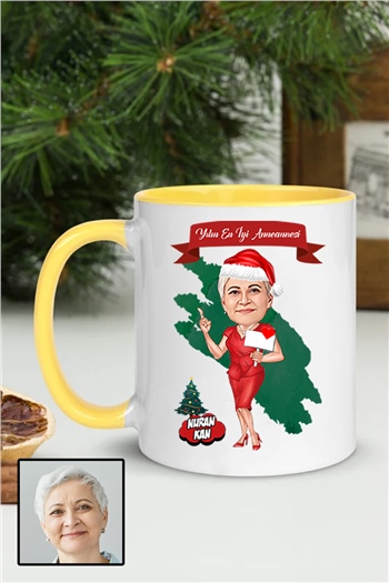 Anneanneye Yılbaşı Hediyesi Karikatürlü İçi Renkli Kupa Bardak