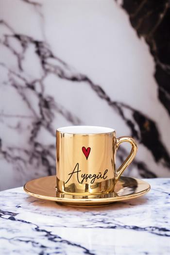 Anneler Günü Hediyesi İsim Yazılı Minik Kalpli Gold - Silver Türk Kahvesi Fincanı