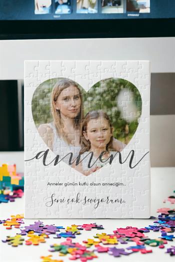 Anneler Günü Hediyesi Kalp Tasarım Fotoğraflı Dikdörtgen Puzzle