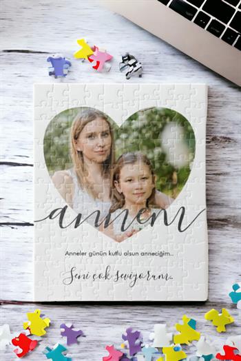 Anneler Günü Hediyesi Kalp Tasarım Fotoğraflı Dikdörtgen Puzzle
