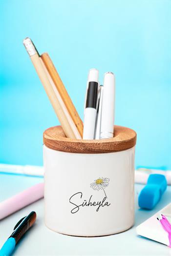 Anneler Günü Hediyesi Papatya Tasarımlı İsimli Ahşap Kapaklı Kalemlik