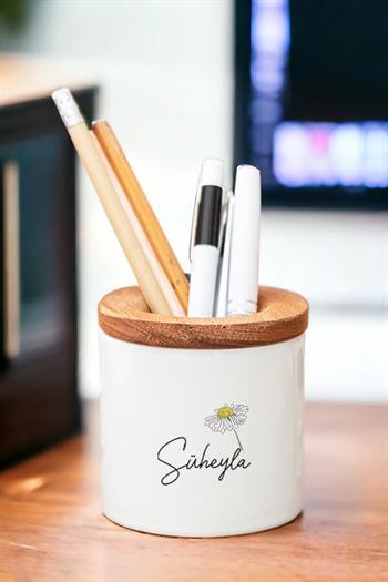 Anneler Günü Hediyesi Papatya Tasarımlı İsimli Ahşap Kapaklı Kalemlik