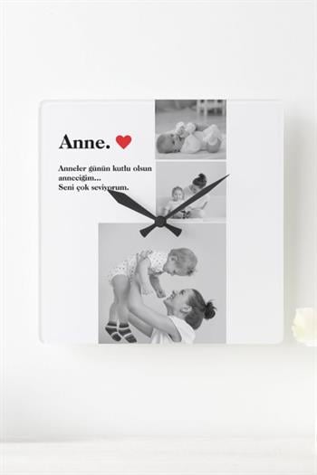 Anneler Günü Hediyesi Siyah Beyaz Fotoğraflı Kare Duvar Saati