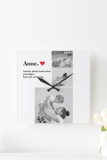 Anneler Günü Hediyesi Siyah Beyaz Fotoğraflı Kare Duvar Saati