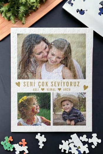 Anneye Hediye 3 Fotoğraflı Kolaj Tasarım Dikdörtgen Puzzle