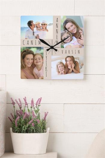 Anneye Hediye Canım Annem Yazılı 4 Fotoğraflı Kare Duvar Saati