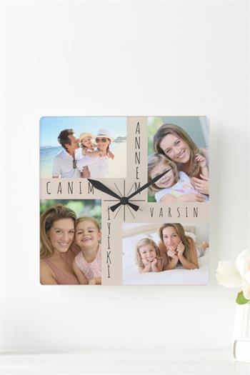 Anneye Hediye Canım Annem Yazılı 4 Fotoğraflı Kare Duvar Saati