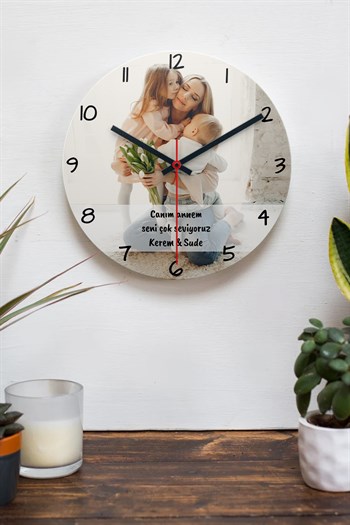 Anneye Hediye Fotoğraflı Ahşap Duvar Saati