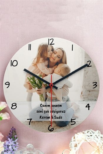 Anneye Hediye Fotoğraflı Ahşap Duvar Saati