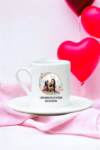 Anneye Hediye Fotoğraflı Beyaz Türk Kahvesi Fincanı