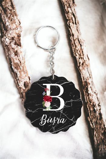 Anneye Hediye Siyah Mermer Tasarım İsme Özel Anahtarlık