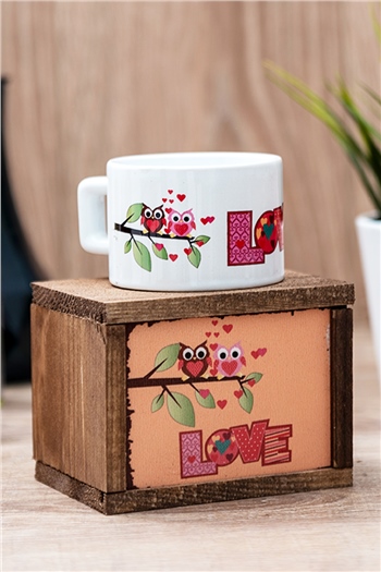 Aşık Baykuşlar Ahşap Kutulu Fincan