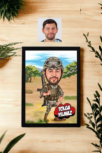 Asker Sevgiliye Doğum Günü Hediyesi Asker Karikatürlü Dikdörtgen Çerçeve