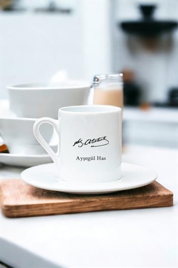 Atatürk İmzalı İsme Özel Beyaz Türk Kahvesi Fincanı