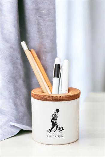 Atatürklü İsme Özel Ahşap Kapaklı Kalemlik