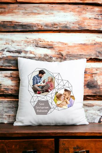Babalar Günü Hediyesi Geometrik Tasarım Fotoğraflı Saten Kare Yastık